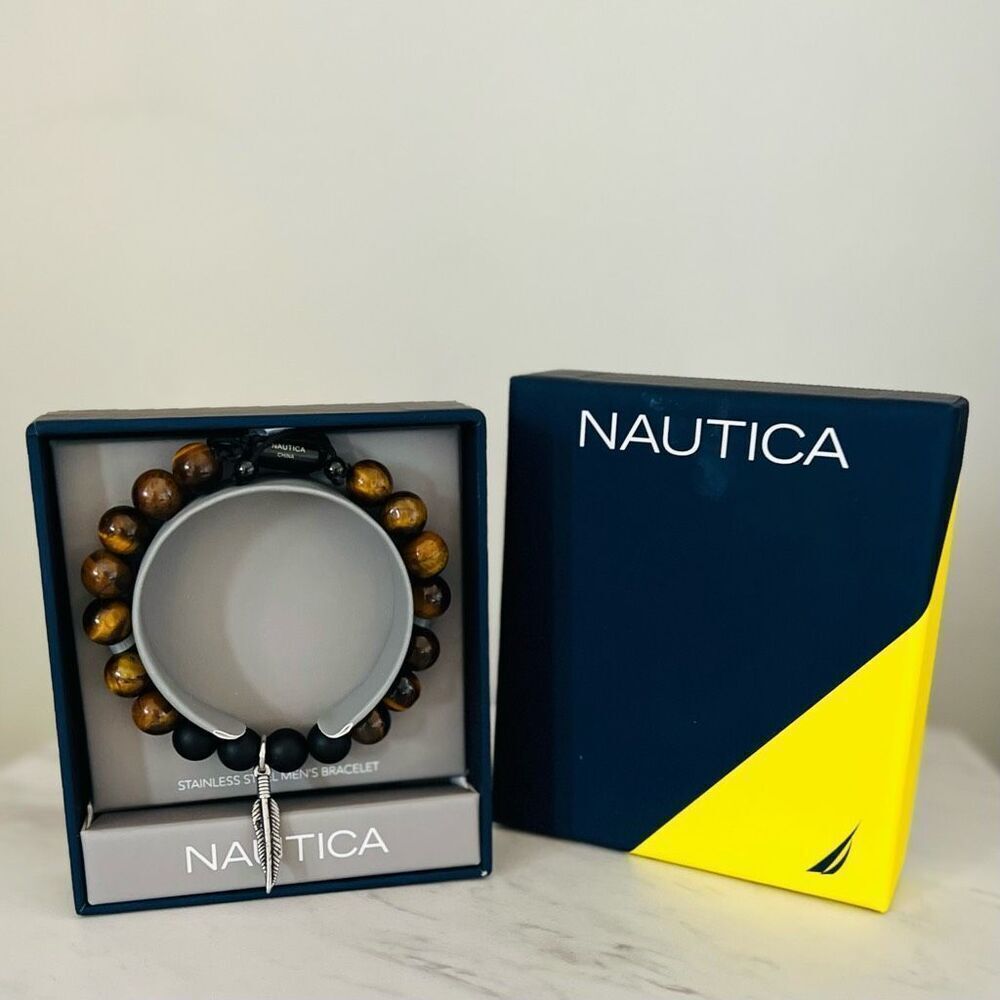 NAUTICA Tiger Eye Beaded Feather Charm Bracelet, Uni Sex,‎ Brown/Black, NWT